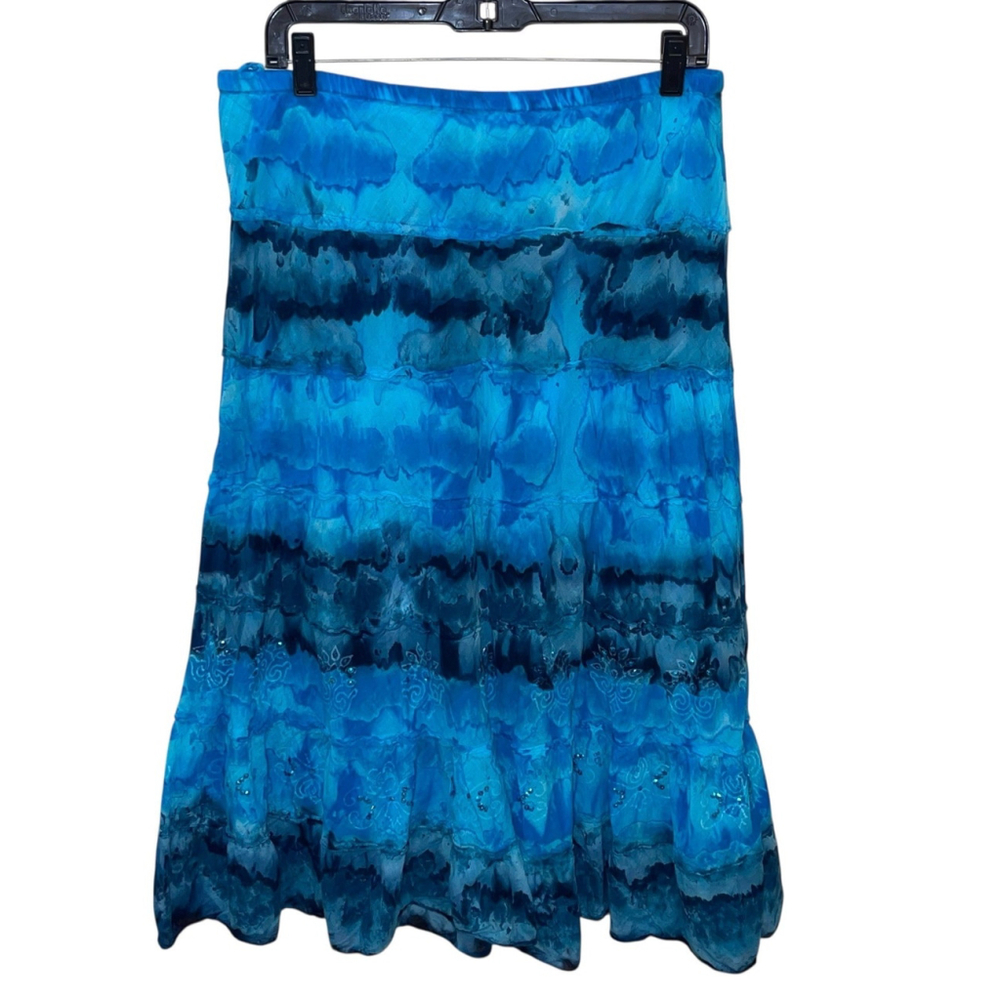 Dressbarn‎ Boho Tie Dye Tiered Skirt Blue Aqua Navy White Petites Large EUC